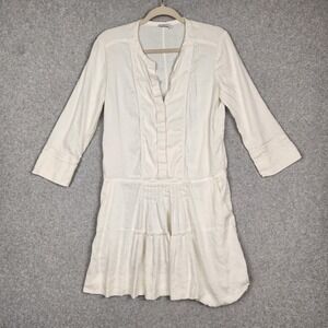 Vince Dress Womens 6 White Linen Blend Drop Waist Pockets 3/4 Sleeve Boho Chic‎